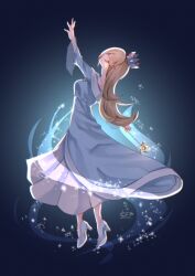 Rule 34 | 1girl, absurdres, arm up, blonde hair, closed eyes, crown, dress, earrings, film grain, from side, full body, high heels, highres, holding, holding wand, jewelry, long dress, long hair, long sleeves, mario (series), nintendo, profile, rosalina, signature, solo, sparkle, standing, star (symbol), star earrings, twitter username, wand, yoshino (q sci)