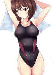 Rule 34 | 10s, 1girl, armpits, arms up, bad id, bad pixiv id, black one-piece swimsuit, breasts, brown eyes, brown hair, competition swimsuit, girls und panzer, highres, large breasts, nishizumi maho, nksk, one-piece swimsuit, short hair, swimsuit, towel, wet, wet hair, white background