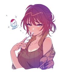 Rule 34 | ahoge, aketa mikoto, blonde hair, breasts, brown hair, cleavage, collarbone, cropped torso, eyelashes, food, gradient hair, holding, holding spoon, idolmaster, idolmaster shiny colors, koguma poistar, medium breasts, mouth hold, multicolored eyes, multicolored hair, shaved ice, shawl, shirt, simple background, sleeveless, sleeveless shirt, solo, spoon, striped clothes, striped shirt, upper body, vertical stripes, white background