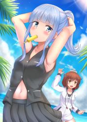 Rule 34 | 2girls, armpits, blue eyes, blue hair, blue sky, brown eyes, brown hair, cloud, commentary request, day, drawstring, grey skirt, grey vest, hatsukaze (kancolle), headgear, headset, hime cut, hood, hooded jacket, hoodie, jacket, kantai collection, mouth hold, multiple girls, name tag, navel, outdoors, palm leaf, piyobomu, pleated skirt, ponytail, school swimsuit, short hair, skirt, sky, speaking tube headset, swimsuit, swimsuit under clothes, vest, white jacket, yukikaze (kancolle)