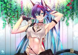 Rule 34 | 1girl, absurdres, animal ears, arknights, arm behind head, arm strap, armpits, bikini, black gloves, black hair, blaze (arknights), blue eyes, blue nails, breasts, cat ears, cat tail, cno, fingerless gloves, gloves, grin, hair between eyes, hairband, highres, jewelry, long hair, looking at viewer, medium breasts, nail polish, necklace, official alternate costume, red hairband, smile, solo, swimsuit, tail, torn clothes, very long hair