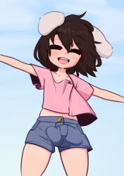 Rule 34 | 1futa, absurdres, black hair, blue shorts, blush, bulge, casual, closed eyes, collarbone, covered penis, covered testicles, flat chest, futanari, highres, inaba tewi, open mouth, pink shirt, rabbit ears, rabbit girl, riiya (riiya932), shirt, short hair, short shorts, shorts, simple background, smile, solo, standing, teeth, testicles, touhou