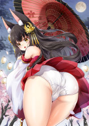 Rule 34 | 1girl, :o, animal ears, ass, azur lane, bare shoulders, bent over, black hair, blunt bangs, blurry, commentary request, depth of field, detached sleeves, fox ears, from behind, full moon, hair ornament, highres, holding, holding umbrella, lampion, lantern, lantern festival, long hair, looking at viewer, looking back, minase tamaki, moon, nagato (azur lane), night, night sky, oil-paper umbrella, panties, paper lantern, sidelocks, sky, sky lantern, solo, umbrella, underwear, white panties, wide sleeves, yellow eyes