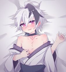Rule 34 | 1girl, ahoge, androgynous, bed sheet, black hair, blush, choker, flat chest, flower (vocaloid), flower (vocaloid4), happy new year, highres, japanese clothes, kimono, miri (miri 1m), multicolored hair, new year, on bed, purple eyes, short hair, skinny, tomboy, undressing, vocaloid, white hair
