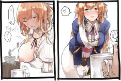 Rule 34 | 1girl, absurdres, blue jacket, blush, grabbing another&#039;s breast, breasts, breasts squeezed together, brown hair, coffee, coffee grinder, cup, girls&#039; frontline, gloves, grabbing, green eyes, hair ribbon, highres, jacket, kyoyakyo, lactating into container, lactation, large breasts, lips, long hair, long sleeves, neck ribbon, nipples, one breast out, red ribbon, ribbon, shirt, springfield (girls&#039; frontline), white gloves, white legwear, white shirt