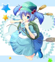 Rule 34 | 1girl, :q, ;q, backpack, bad id, bad pixiv id, bag, blue eyes, blue hair, boots, cattail, female focus, gears, hair bobbles, hair ornament, haru (toarutakii), hat, jumping, kawashiro nitori, key, matching hair/eyes, md5 mismatch, one eye closed, plant, rubber boots, short hair, short sleeves, siokazunoko, skirt, skirt set, solo, star (symbol), tongue, tongue out, touhou, twintails, two side up, wink