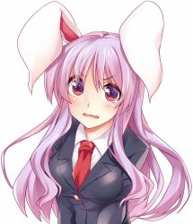 Rule 34 | 1girl, animal ears, blazer, breasts, frown, hisae (hisae collect), jacket, jpeg artifacts, large breasts, long hair, looking at viewer, necktie, pink eyes, pink hair, rabbit ears, red necktie, reisen udongein inaba, simple background, solo, touhou, upper body, wavy mouth, white background