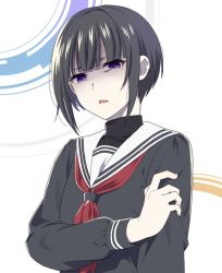 Rule 34 | 1girl, ascot, black bodysuit, black hair, blunt bangs, bob cut, bodysuit, disgust, frown, furrowed brow, hand on own arm, idolmaster, idolmaster cinderella girls, long sleeves, mattaku mousuke, open mouth, pale skin, purple eyes, sailor collar, shaded face, shirayuki chiyo, solo, white background