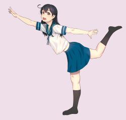 Rule 34 | 1girl, :d, ahoge, black hair, black socks, blue sailor collar, blue skirt, blush, breasts, brown eyes, collarbone, from side, full body, hair between eyes, highres, kantai collection, kneehighs, long hair, looking at viewer, midriff peek, neckerchief, no shoes, open mouth, outstretched arm, outstretched arms, pink background, pleated skirt, ribbon, sailor collar, school uniform, serafuku, shirt, short sleeves, simple background, skirt, smile, socks, solo, standing, standing on one leg, ushio (kancolle), yuuji (and)