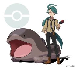 Rule 34 | 1girl, absurdres, ahoge, black gloves, black necktie, black pants, boots, bright pupils, brown footwear, clodsire, closed mouth, collared shirt, commentary request, creatures (company), full body, game freak, gloves, green hair, hand in pocket, highres, holding, holding poke ball, long hair, looking at viewer, necktie, nintendo, pants, poke ball, poke ball (basic), poke ball symbol, pokemon, pokemon (creature), pokemon sv, ponytail, red eyes, rika (pokemon), shirt, sleeves rolled up, standing, tellzeta, white background, white pupils