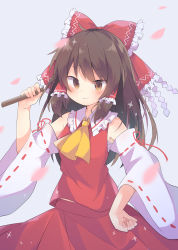 Rule 34 | 1girl, absurdres, armpit crease, ascot, bare shoulders, blush, bow, brown eyes, brown hair, cherry blossoms, closed mouth, cowboy shot, detached sleeves, frilled bow, frilled shirt collar, frills, gohei, hair between eyes, hair bow, hair tubes, hakurei reimu, hand on own hip, highres, holding, holding stick, long hair, long sleeves, looking at viewer, nanagi, nontraditional miko, petals, red bow, red skirt, ribbon, ribbon-trimmed sleeves, ribbon trim, shirt, sidelocks, simple background, skirt, skirt set, smile, solo, sparkle, stick, touhou, white background, white sleeves, wide sleeves, yellow ascot