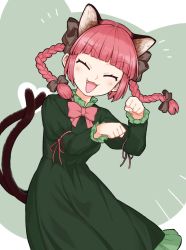 Rule 34 | 1girl, animal ears, black bow, blunt bangs, blush, bow, bowtie, braid, cat ears, cat tail, clenched hands, closed eyes, dress, extra ears, fang, green background, green dress, hair bow, hands up, kaenbyou rin, long hair, long sleeves, multiple tails, oninamako, open mouth, paw pose, red bow, red bowtie, red hair, smile, solo, tail, touhou, twin braids, twintails, two tails