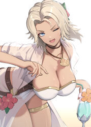 Rule 34 | 1girl, ;d, absurdres, alternate costume, bikini, blonde hair, blue eyes, breasts, catherine (fire emblem), catherine (summer) (fire emblem), cleavage, commentary request, crests (fire emblem), dark skin, drink, fire emblem, fire emblem: three houses, fire emblem heroes, flower, gonzarez, hair flower, hair ornament, highres, large breasts, leaning forward, nintendo, official alternate costume, one eye closed, open clothes, open mouth, ponytail, see-through, smile, solo, swimsuit, thighs, white bikini, white swimsuit