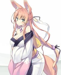 Rule 34 | 1girl, animal ear fluff, animal ears, bare shoulders, blush, braid, breasts, cleavage, expressionless, female focus, fox ears, fox tail, green eyes, hip vent, japanese clothes, kimono, kitsune, large breasts, long hair, looking at viewer, momoyama tsutsune, off shoulder, original, pink hair, poco (asahi age), solo, tail, wide sleeves