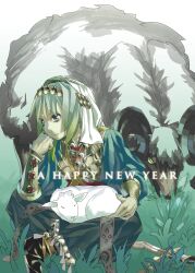 Rule 34 | 1girl, black pants, blue shirt, chinese zodiac, closed mouth, commentary request, frown, fuhak, full body, goat, grass, green eyes, green hair, happy new year, highres, lamb, looking afar, medium hair, new year, original, pants, sheep, shirt, sitting, solo, vambraces, white hood, year of the goat