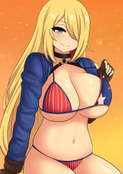 Rule 34 | 1girl, absurdres, american flag, american flag bikini, american flag print, bikini, bikini top lift, black choker, blonde hair, blue eyes, breasts, choker, cleavage, closed mouth, clothes lift, cosplay, creatures (company), cropped jacket, curvy, cynthia (pokemon), fate/grand order, fate (series), fingerless gloves, flag print, game freak, gloves, hair over one eye, highres, large breasts, long hair, long sleeves, looking at viewer, miyamoto musashi (fate), miyamoto musashi (fate/grand order), miyamoto musashi (swimsuit berserker) (fate), miyamoto musashi (swimsuit berserker) (fate) (cosplay), miyamoto musashi (swimsuit berserker) (second ascension) (fate), navel, nintendo, pokemon, pokemon dppt, print bikini, sitting, skindentation, smile, solo, strap lift, swimsuit, the only shoe, very long hair