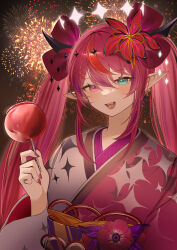 Rule 34 | 1girl, absurdres, blue hair, blush, candy apple, double halo, earrings, fangs, fireworks, flower, food, hair between eyes, hair flower, hair ornament, halo, heterochromia, highres, holding, holding food, hololive, hololive english, hoop earrings, horns, irys (new year) (hololive), irys (hololive), japanese clothes, jewelry, kimono, long hair, looking at viewer, multicolored hair, nail polish, night, night sky, open mouth, pink eyes, pink hair, pink nails, pointy ears, red hair, ribbon, shibuya (kurokamishain), sky, smile, solo, star halo, teeth, twintails, two-tone hair, upper teeth only, virtual youtuber