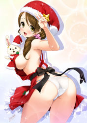 Rule 34 | 1girl, :d, absurdres, apron, ass, bare shoulders, blush, breasts, brown eyes, brown hair, commentary request, covered erect nipples, hand puppet, highres, idolmaster, idolmaster cinderella girls, large breasts, long hair, looking at viewer, looking back, mitarashi kousei, mochida arisa, naked apron, nearly naked apron, open mouth, panties, ponytail, puppet, revision, scrunchie, sideboob, smile, solo, underwear, v, white panties