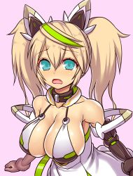Rule 34 | 1girl, aqua eyes, asamura hiori, bare shoulders, blonde hair, blush, breasts, cleavage, elbow gloves, fang, gene (pso2), gloves, green hair, hair between eyes, highres, large breasts, long hair, looking at viewer, multicolored hair, open mouth, phantasy star, phantasy star online 2, solo, twintails