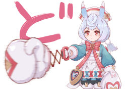 Rule 34 | 1girl, animal ears, blue bow, blue hair, bow, bowtie, boxing gloves, expressionless, genshin impact, gloves, hair ornament, hat, heart, highres, long sleeves, low twintails, nocknocktt, pom pom (clothes), pom pom hair ornament, red bow, red bowtie, red eyes, sigewinne (genshin impact), simple background, solo, twintails, white background, white gloves