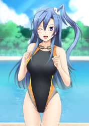 Rule 34 | 10s, 1girl, ;d, alternate costume, bare shoulders, black one-piece swimsuit, blue hair, blurry, blush, breasts, bush, chain-link fence, clenched hands, cloud, competition swimsuit, covered navel, cowboy shot, day, depth of field, fence, fuuma nagi, goggles, goggles around neck, hair between eyes, hair ornament, highleg, highleg swimsuit, kazanari tsubasa, large breasts, light rays, long hair, looking at viewer, one-piece swimsuit, one eye closed, one side up, open mouth, outdoors, pool, poolside, purple eyes, senki zesshou symphogear, side ponytail, sidelocks, sky, smile, solo, standing, sunbeam, sunlight, swimsuit, tree, water