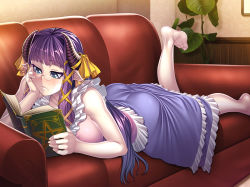 Rule 34 | 1girl, ass, barefoot, blue dress, blue eyes, blush, book, bow, breast press, breasts, closed mouth, couch, demon girl, demon horns, dress, feet, female focus, frilled dress, frills, frown, full body, game cg, glasses, hair ribbon, hand on own cheek, hand on own face, hand up, head rest, holding, holding book, horn bow, horn ornament, horn ribbon, horns, indoors, large breasts, leg up, lilith-soft, long hair, looking down, lying, on couch, on stomach, open book, pale skin, pentagram, picture frame, pince-nez, pink dress, plant, pointy ears, potion, purple hair, raquel zosimos, reading, ribbon, rimless eyewear, sidelocks, sleeveless, sleeveless dress, solo, straight hair, taimanin (series), taimanin asagi kessen arena, tress ribbon, very long hair, yellow bow, yellow ribbon, zol