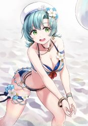 Rule 34 | 1girl, aqua hair, ass, ball, bare shoulders, beach, beach volleyball, bikini, bolbbangbbang, breasts, cleavage, collarbone, d4dj, feet out of frame, green eyes, hanamaki towa, hat, highres, medium breasts, open mouth, playing sports, sand, short hair, solo, swimsuit, tagme, volleyball, volleyball (object)