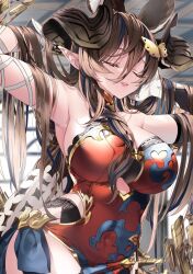 Rule 34 | 1girl, 218, animal ears, armpits, arms behind head, asymmetrical gloves, bare shoulders, breasts, brown hair, brown horns, butterfly hair ornament, closed eyes, cosplay, covered navel, dress, extra ears, galleon (granblue fantasy), gloves, granblue fantasy, hair between eyes, hair ornament, horns, lace, lace-trimmed dress, lace trim, large breasts, lingerie, long hair, multicolored hair, narmaya (granblue fantasy), narmaya (granblue fantasy) (cosplay), pointy ears, smile, solo, streaked hair, underwear, very long hair, white gloves