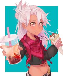 Rule 34 | 1girl, absurdres, belt, blue background, chloe von einzbern, crepe, dark skin, drink, fate/kaleid liner prisma illya, fate (series), food, highres, jewelry, lip biting, lip gloss, long sleeves, looking at viewer, necklace, scarf, smile, stomach, stomach tattoo, tattoo, white hair, yellow eyes