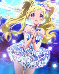 Rule 34 | 10s, 1girl, artist request, blonde hair, dress, earrings, emily stewart, emily stuart, hairband, idolmaster, idolmaster million live!, jewelry, jpeg artifacts, long hair, looking at viewer, microphone, necklace, official art, purple eyes, skirt, smile, stage, twintails