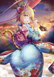 Rule 34 | 1boy, androgynous, animal ears, ass, blue kimono, braid, chinese zodiac, cloud, crossdressing, ema, floral print, flower, from behind, hair flower, hair ornament, highres, holding, holding ema, holding umbrella, huge ass, japanese clothes, kimono, lens flare, looking at viewer, looking back, mountain, natsusora wakana, novady, obi, oil-paper umbrella, open mouth, orange hair, original, outdoors, pantylines, print kimono, sash, sidelocks, signature, sky, sun, sunrise, tail, taut clothes, tiger ears, tiger tail, trap, umbrella, year of the tiger, yellow eyes