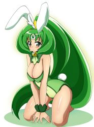 Rule 34 | 10s, 1girl, animal ears, bare legs, bare shoulders, barefoot, big hair, blush, breasts, rabbit tail, playboy bunny, cleavage, cure march, detached collar, eyelashes, full body, green eyes, green hair, green theme, kneeling, large breasts, leotard, midorikawa nao, ponytail, precure, smile precure!, solo, tail, tiara, tri tails, white background, wrist cuffs, yuzumiya mono