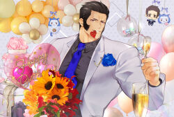 Rule 34 | 1boy, artist name, balloon, black hair, black necktie, black skirt, blue flower, blue rose, bouquet, box, cake, coat, collared shirt, cup, cupcake, drinking glass, english text, flower, food, gift, gift box, grin, happy birthday, heart, highres, holding, holding balloon, holding bouquet, holding cup, long sleeves, looking at viewer, male focus, maxima, mmts g, mouth hold, necktie, open clothes, open coat, purple eyes, rose, shirt, short hair, skirt, smile, solo, sunflower, teeth, the king of fighters, the king of fighters for girls, watermark, white coat, wine glass