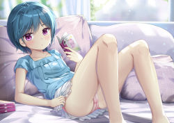 Rule 34 | 1girl, bare legs, bed sheet, blue hair, blue shirt, blush, book, collarbone, commentary request, curtains, feet out of frame, flat chest, frilled skirt, frills, hair between eyes, holding, holding book, indoors, looking at viewer, lying, minami (niiya), niiya, on back, open book, original, panties, parted lips, pillow, pink panties, purple eyes, shirt, short hair, short sleeves, skirt, solo, underwear, white skirt
