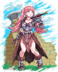 Rule 34 | 1girl, 250en remon, armor, armored boots, artist name, axe, boots, breasts, broken wall, cleavage, cloud, cloudy sky, collarbone, day, female focus, fire emblem, fire emblem: three houses, full body, gloves, grass, hilda valentine goneril, holding, holding axe, holding weapon, long hair, matching hair/eyes, medium breasts, nintendo, open mouth, outdoors, over shoulder, pink eyes, pink hair, sky, solo, spiked boots, spiked gloves, standing, torn clothes, twintails, vambraces, waist cape, weapon, weapon over shoulder