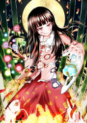 Rule 34 | 1girl, :q, bamboo, bamboo forest, black hair, blood, blood on face, blunt bangs, branch, bruise, burnt clothes, fire, forest, full moon, head tilt, holding, houraisan kaguya, igayan, injury, jeweled branch of hourai, long hair, looking at viewer, moon, nature, red eyes, scratches, solo, tongue, tongue out, torn clothes, touhou