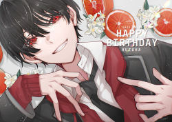 Rule 34 | 1boy, absurdres, arm up, black hair, black jacket, black necktie, character name, collared shirt, commentary request, dated, drawstring, eyelashes, fang, flower, food, fruit, grin, hair between eyes, happy birthday, highres, hood, hoodie, jacket, kuzuha (nijisanji), lapels, light particles, long sleeves, looking at viewer, lying, male focus, mole, mole under eye, necktie, nijisanji, on back, open clothes, open jacket, orange (fruit), red eyes, red hoodie, shirt, short hair, smile, solo, teeth, upper body, urara (sia8artchu), virtual youtuber, white flower, white shirt, wing collar