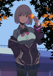Rule 34 | 1girl, autumn leaves, black pantyhose, blue skirt, blue sky, bob cut, bow, bowtie, breasts, closed mouth, collared shirt, cowboy shot, day, dot nose, dress shirt, foliage, gridman universe, hair between eyes, hand in pocket, hand up, highres, holding, holding leaf, hood, hoodie, large breasts, leaf, lensu (lotus36936936), light purple hair, light smile, looking at viewer, multicolored clothes, multicolored hoodie, outdoors, pantyhose, pink bow, pink bowtie, pleated skirt, purple hoodie, railing, red eyes, shinjou akane, shirt, short hair, skirt, sky, solo, standing, white hoodie, white shirt