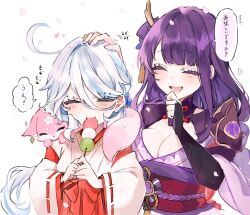 Rule 34 | 2girls, ahoge, animal, animal ears, animal on shoulder, blue hair, blunt bangs, blush, breasts, cleavage, closed eyes, dango, falling petals, food, food in mouth, furina (genshin impact), genshin impact, hair between eyes, hair ornament, hand on another&#039;s head, hand on own chin, hand up, holding, japanese clothes, large breasts, light blush, long hair, miko, mole, mole under eye, multicolored hair, multiple girls, neck ribbon, open mouth, petals, pink hair, purple hair, raiden shogun, ribbon, shinoo0915, simple background, speech bubble, standing, tail, translation request, wagashi, white background, white hair, yae miko, yae miko (fox), yuri