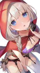 Rule 34 | 1girl, black gloves, blue eyes, blush, braid, braided ponytail, breasts, cape, fate/grand order, fate (series), garter belt, gloves, half gloves, highres, hood, hooded cape, leaning forward, long hair, looking at viewer, marie antoinette (fate), medium breasts, official alternate costume, open mouth, panties, red cape, red panties, sidelocks, silver hair, solo, thighhighs, thighs, underwear, very long hair, vivi (eve no hakoniwa), white thighhighs