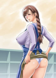 Rule 34 | 1girl, apron, ass, blush, braid, breasts, brown hair, clothes lift, curvy, highres, housewife, huge breasts, jewelry, large breasts, lips, long hair, looking back, mature female, panties, ring, sideboob, skirt, skirt lift, smile, solo, tatsunami youtoku, underwear, upskirt, wedding band, wet