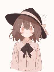 absurdres black_bow black_bowtie blush bow bowtie brown_eyes brown_hair buttons collared_shirt commentary_request cropped_torso fedora frown hat hat_bow hat_ribbon head_steam highres iris-san long_sleeves ribbon shirt short_hair simple_background touhou usami_renko white_bow white_shirt