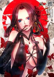 Rule 34 | 1girl, black dress, black gloves, black hair, blue eyes, boa hancock, breasts, bug, butterfly, commentary request, dress, earrings, elbow gloves, floral background, gloves, highres, insect, jewelry, large breasts, looking at viewer, one piece, qr code, sasori (pixiv920534), snake earrings, solo, watermark
