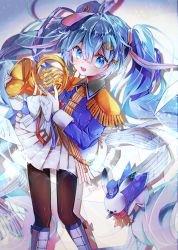 Rule 34 | 1girl, absurdres, animal ears, araisuzuka729, beamed eighth notes, black pantyhose, blue eyes, blue hair, blue headwear, blue jacket, blurry, blurry background, bow, bowtie, commentary, cowboy shot, depth of field, eighth note, epaulettes, french horn, gloves, hair ornament, hair ribbon, hairclip, hat feather, hatsune miku, highres, holding, holding instrument, huge filesize, instrument, jacket, long hair, looking at viewer, mini shako cap, miniskirt, musical note, musical note print, open mouth, pantyhose, pleated skirt, quarter note, rabbit, rabbit ears, rabbit yukine, ribbon, shadow, skirt, smile, twintails, very long hair, vocaloid, white gloves, white skirt, yuki miku, yuki miku (2020)