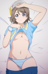 Rule 34 | 1girl, absurdres, alter real zero, artist name, bed, blue eyes, blue panties, blush, breasts, clothes lift, grey hair, hat, highres, large breasts, looking at viewer, love live!, love live! sunshine!!, no bra, panties, pants, shirt, short hair, skirt, skirt lift, solo, sportswear, striped clothes, striped panties, tagme, underboob, underwear, unworn pants, watanabe you