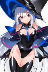 Rule 34 | 1girl, absurdres, adapted costume, arknights, bare shoulders, black gloves, black hat, black leotard, black thighhighs, blush, bracelet, breasts, cleavage, cleavage cutout, closed mouth, clothing cutout, commentary, covered navel, cowboy shot, demon tail, detached sleeves, elbow gloves, gloves, grey hair, groin, hat, highres, jewelry, leotard, long hair, long sleeves, looking at viewer, medium breasts, red eyes, skadi (arknights), smile, solo, tail, thigh gap, thigh strap, thighhighs, very long hair, zhengqi zhizi sg