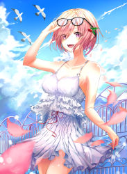 Rule 34 | 1girl, :d, absurdres, adjusting eyewear, alternate costume, bare shoulders, bird, breasts, cloud, collarbone, cowboy shot, csc00014, dress, eyes visible through hair, eyewear on head, fate/grand order, fate (series), frilled dress, frills, glasses, hair ornament, hair over one eye, highres, holding, holding clothes, holding dress, looking at viewer, mash kyrielight, o-ring, o-ring top, open mouth, petals, pink hair, purple eyes, red ribbon, ribbon, seagull, short hair, sky, smile, solo, sundress, teeth, thighs, tongue, upper teeth only, white dress