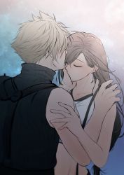 Rule 34 | 1boy, 1girl, bare shoulders, black shirt, blonde hair, brown hair, closed eyes, closed mouth, cloud strife, collarbone, commentary, couple, earrings, english commentary, final fantasy, final fantasy vii, hands on another&#039;s shoulder, hetero, highres, jewelry, kiss, kissing hand, long hair, maiii (smaii i), shirt, short hair, sleeveless, sleeveless shirt, square enix, stomach, swept bangs, tank top, tifa lockhart, upper body, white tank top