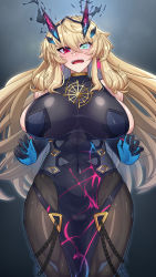 Rule 34 | 1girl, bare shoulders, black dress, blonde hair, blue eyes, breasts, brown pantyhose, dress, barghest (fate), barghest (second ascension) (fate), fate/grand order, fate (series), heterochromia, highres, horns, kemurin, large breasts, long hair, looking at viewer, open mouth, pantyhose, pelvic curtain, red eyes, sideboob, solo, thighs