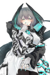 Rule 34 | 1girl, absurdres, aoinegima, arknights, black gloves, black pantyhose, blue eyes, blush, fang, fang out, fingerless gloves, gloves, hair between eyes, half-closed eyes, hand up, head wings, highres, ho&#039;olheyak (arknights), long sleeves, looking at viewer, medium hair, pantyhose, shirt, simple background, smile, snake tail, solo, tail, white background, white shirt, wings